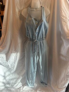 Light Wash Denim Jumpsuit - Sleeveless Drawstring Waist